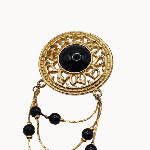 VTG Brooch Boho Cottage Hippy Western Chic Statement Gold Tone Black Rhinestone - Picture 3 of 12